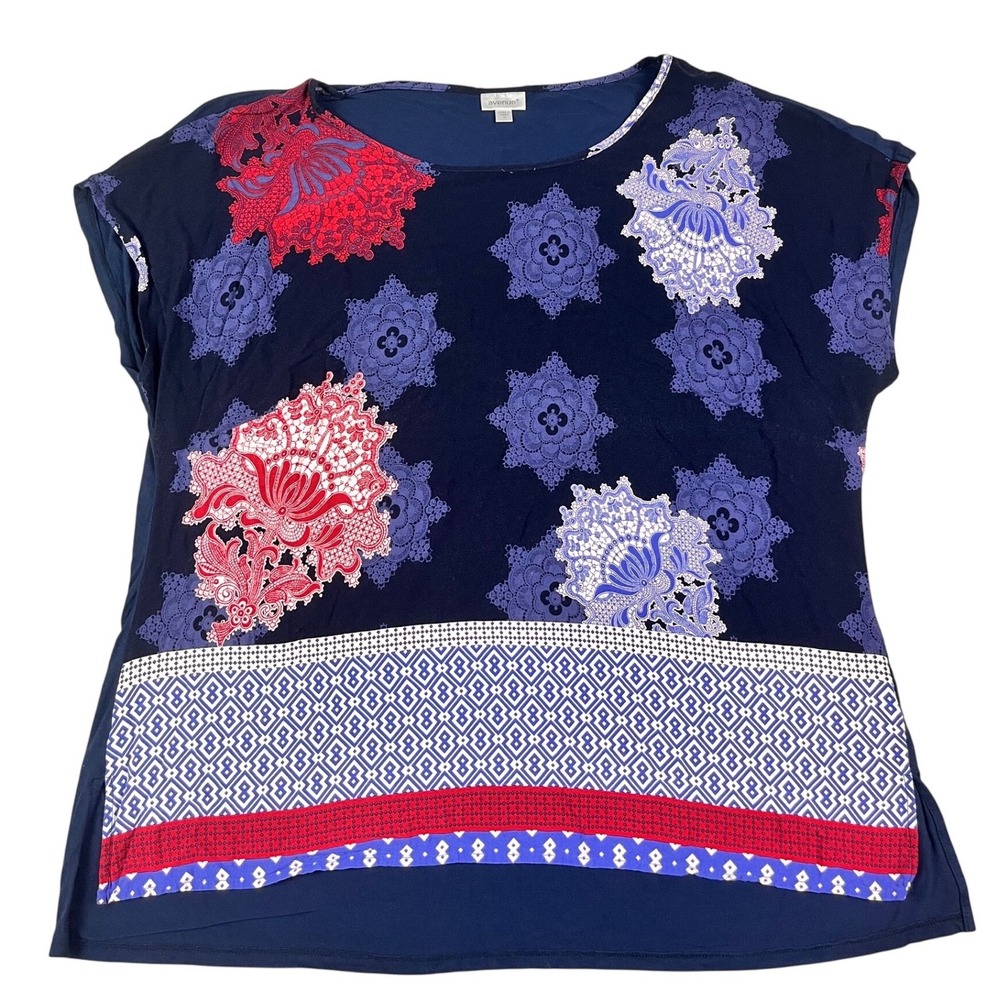 Avenue Womens Plus Size 18 Navy Blue Floral Medallion Mixed Media Blouse Top